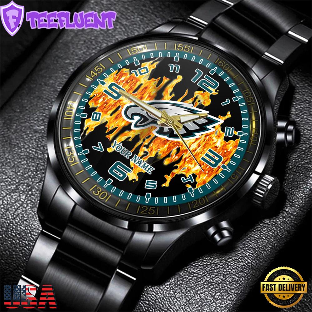 Custom Name Philadelphia Eagles NFL 3D Men Black Stainless Steel Watch Gift For Fans