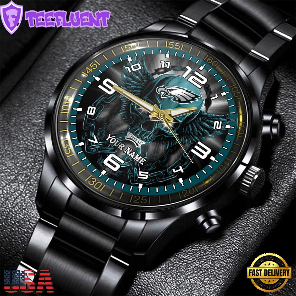 Custom Name Philadelphia Eagles NFL 3D Men Black Stainless Steel Watch Gift For Fans