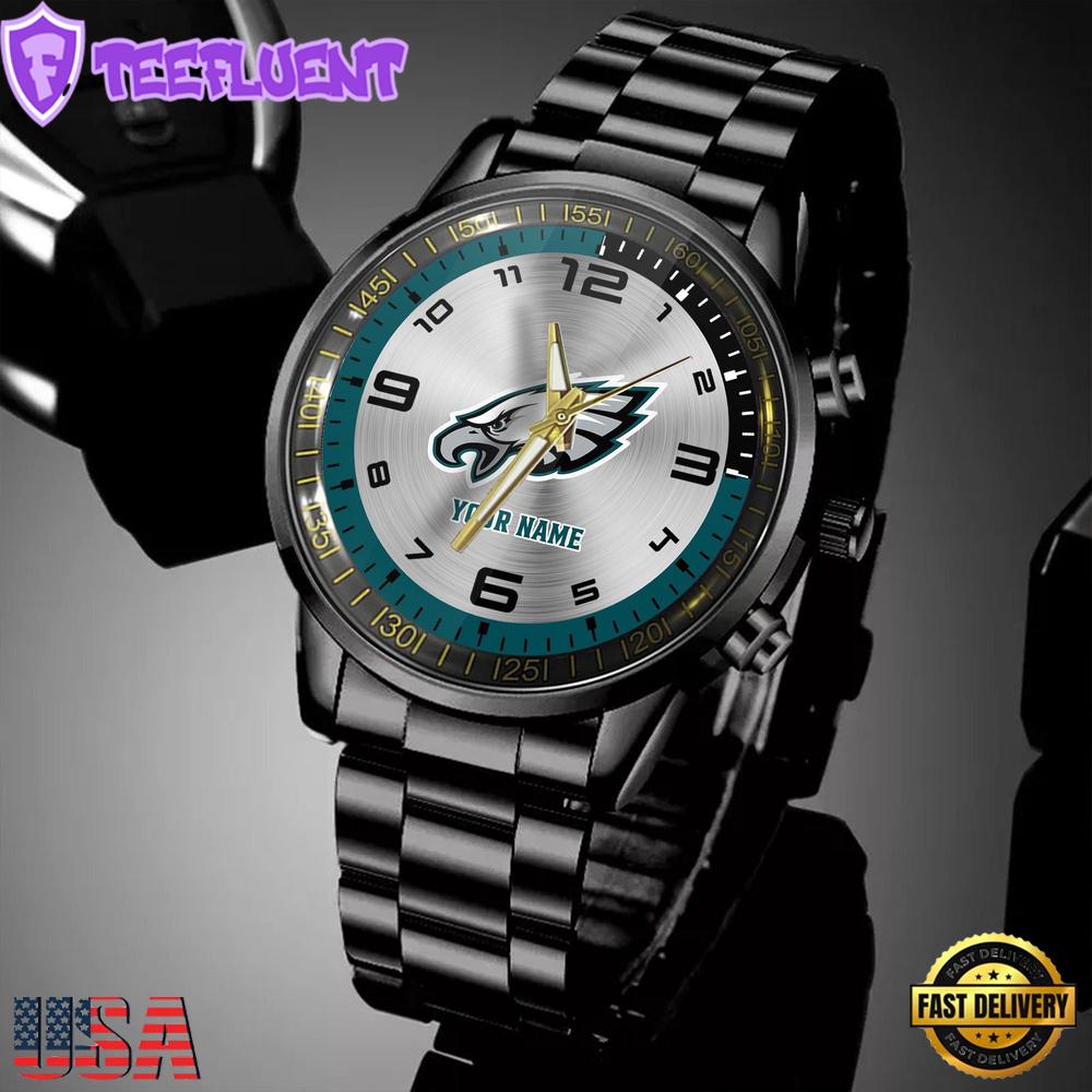 Custom Name Philadelphia Eagles NFL Black Stainless Steel Watch Gifts For Fans