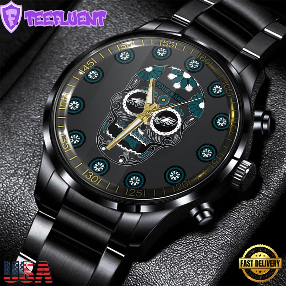 Custom Name Philadelphia Eagles NFL Men Black Stainless Steel Watch Gift For Fans