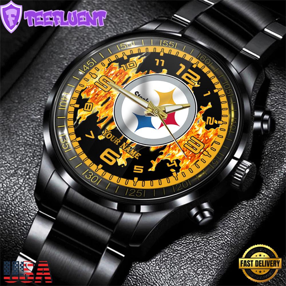 Custom Name Pittsburgh Steelers NFL 3D Men Black Stainless Steel Watch Gift For Fans