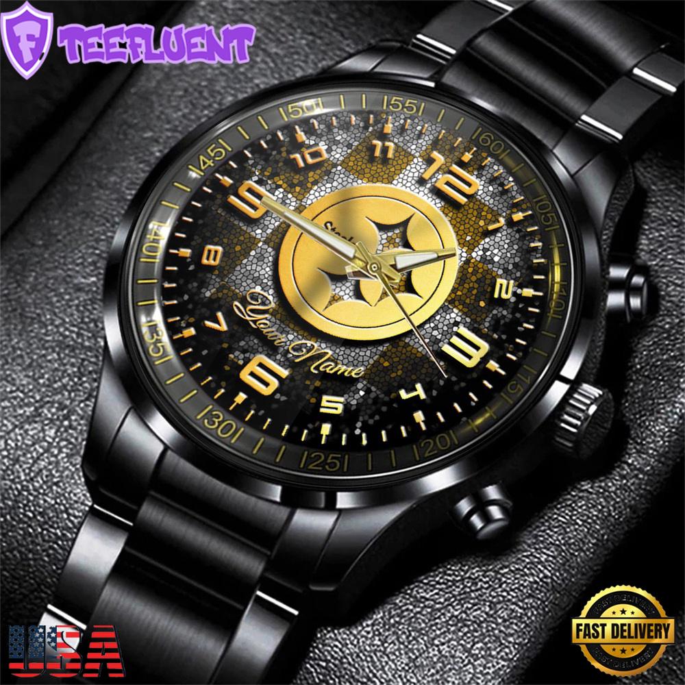 Custom Name Pittsburgh Steelers NFL 3D Men Black Stainless Steel Watch Gift For Fans