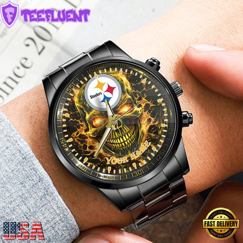 NFL Custom Name Pittsburgh Steelers Men Black Stainless Steel Watch NFL Custom Name Pittsburgh Steelers Men Black Stainless Steel Watch