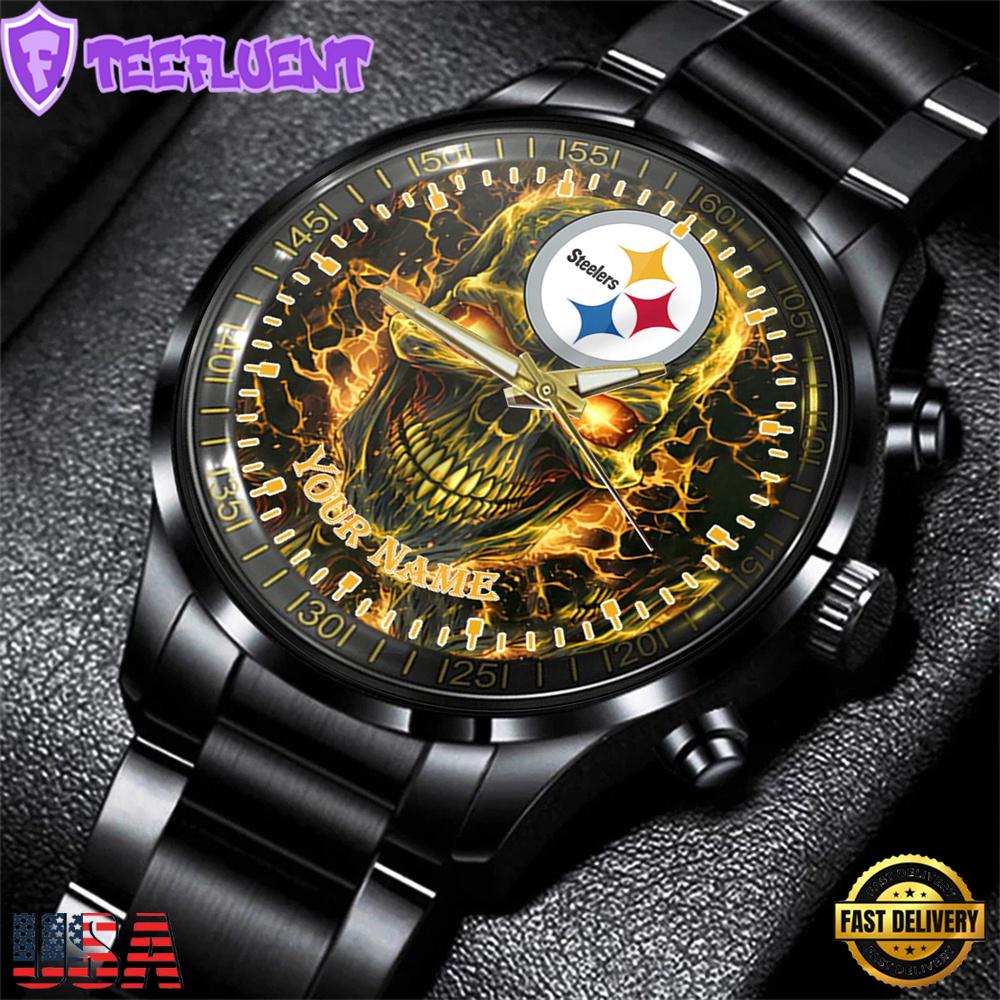Custom Name Pittsburgh Steelers NFL Men Black Stainless Steel Watch Gift For Fans