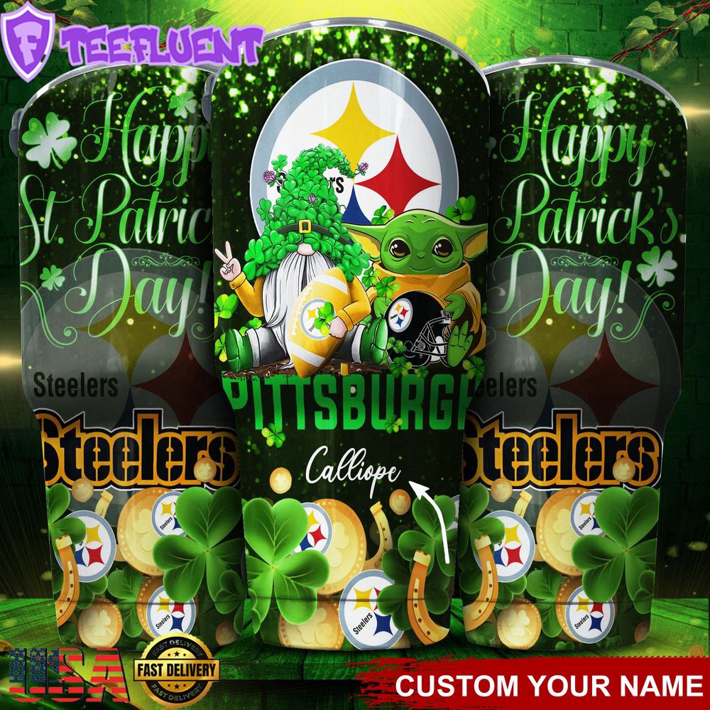 Custom Name Pittsburgh Steelers NFL Shamrock Happy Patrick Day Tumbler