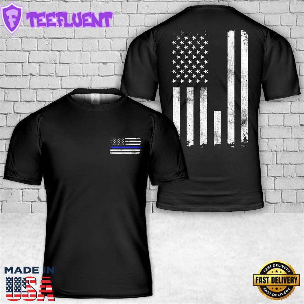 Custom Name Police Thin Blue Line Vertical Flag T-Shirt 3D
