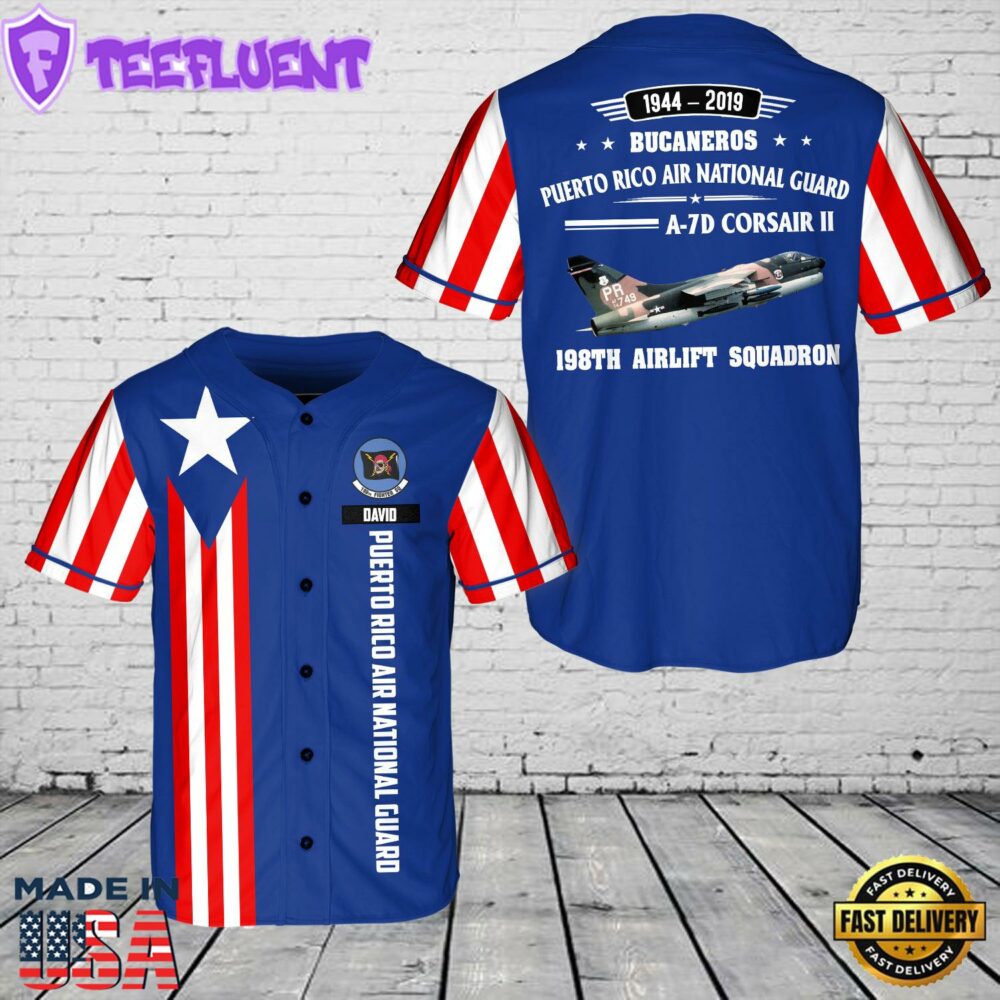 Custom Name Puerto Rico Air National Guard A-7D Corsair II 198th Airlift Squadron Baseball Jersey