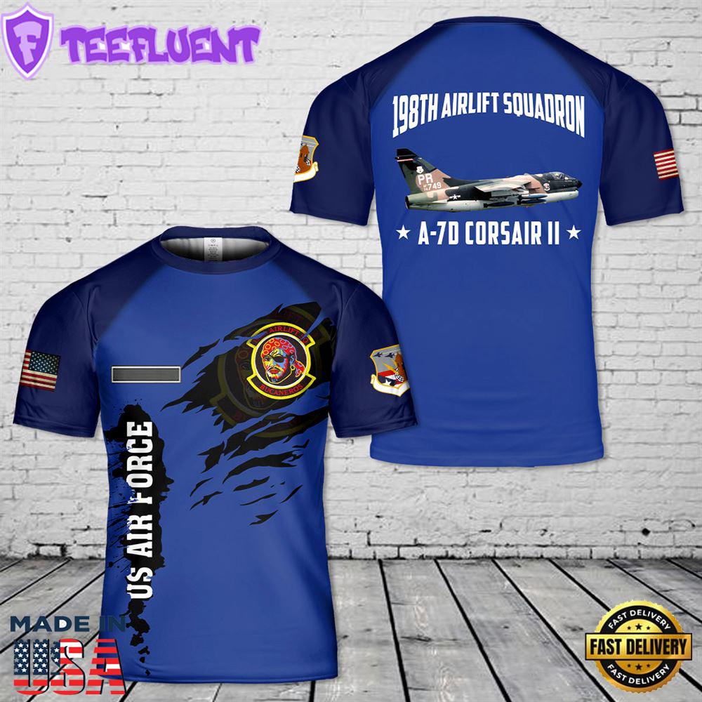 Custom Name Puerto Rico Air National Guard A-7D Corsair II 198th Airlift Squadron T-Shirt 3D 1