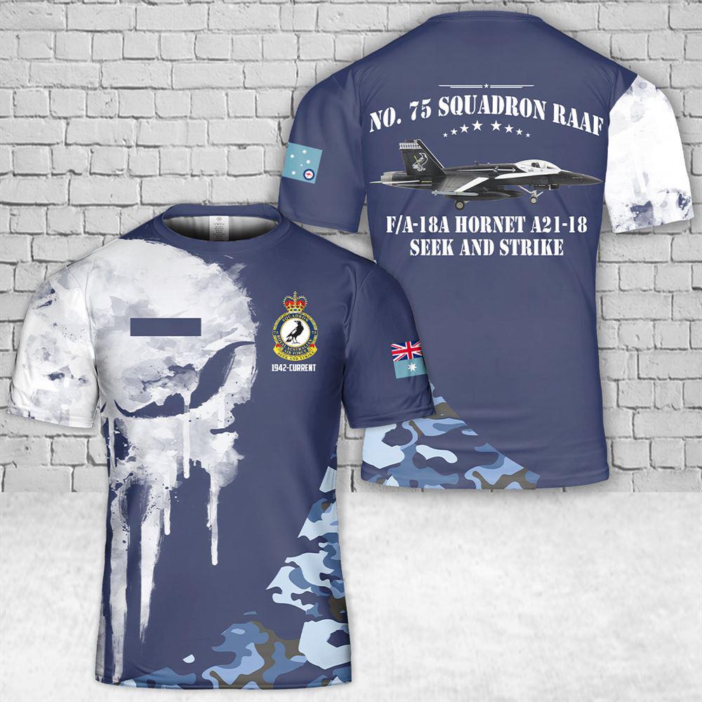 Custom Name Royal Australian Air Force FA-18A Hornet A21-18 No. 75 Squadron RAAF T-Shirt 3D