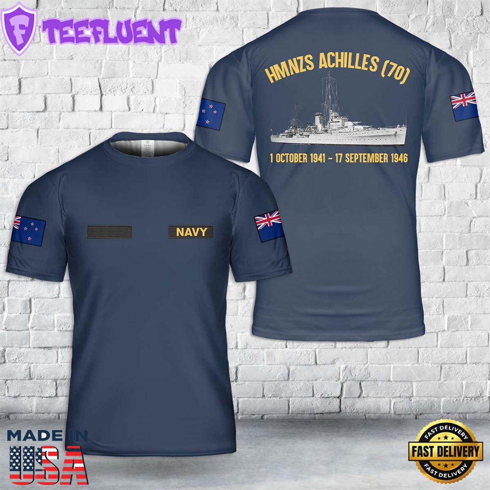 Custom Name Royal New Zealand Navy HMNZS Achilles (70) Leander-class light cruiser In WWII T-Shirt 3D