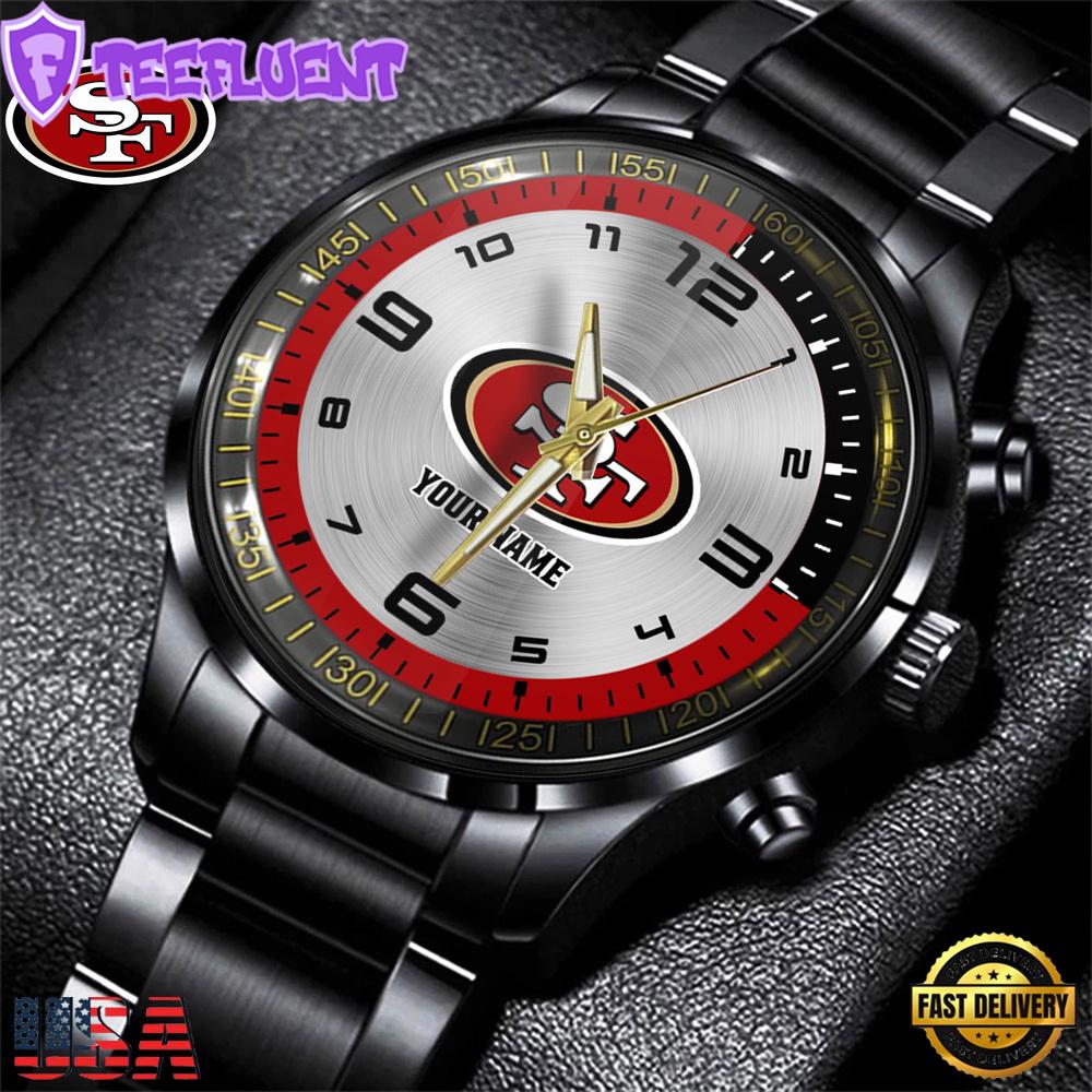 Custom Name San Francisco 49ers NFL Black Stainless Steel Watch Gifts For Fans