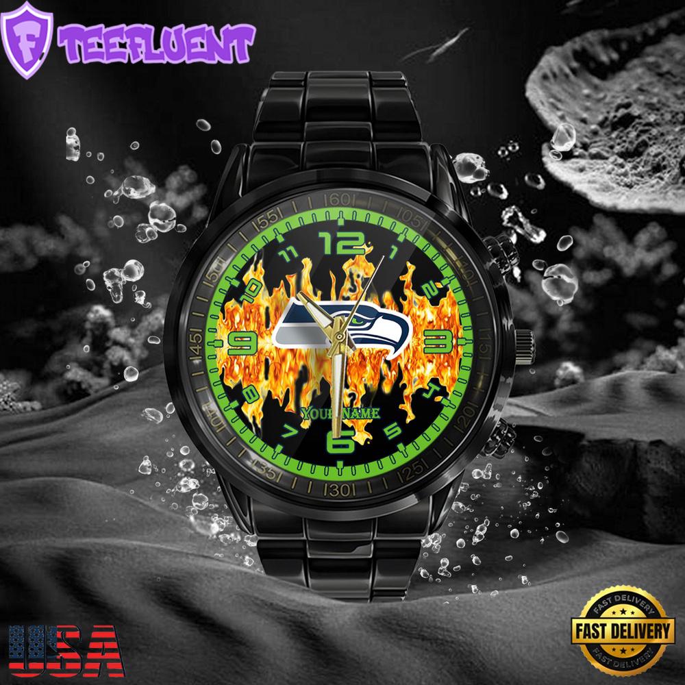 NFL Custom Name Seattle Seahawks 3D Men Black Stainless Steel Watch NFL Custom Name Seattle Seahawks 3D Men Black Stainless Steel Watch