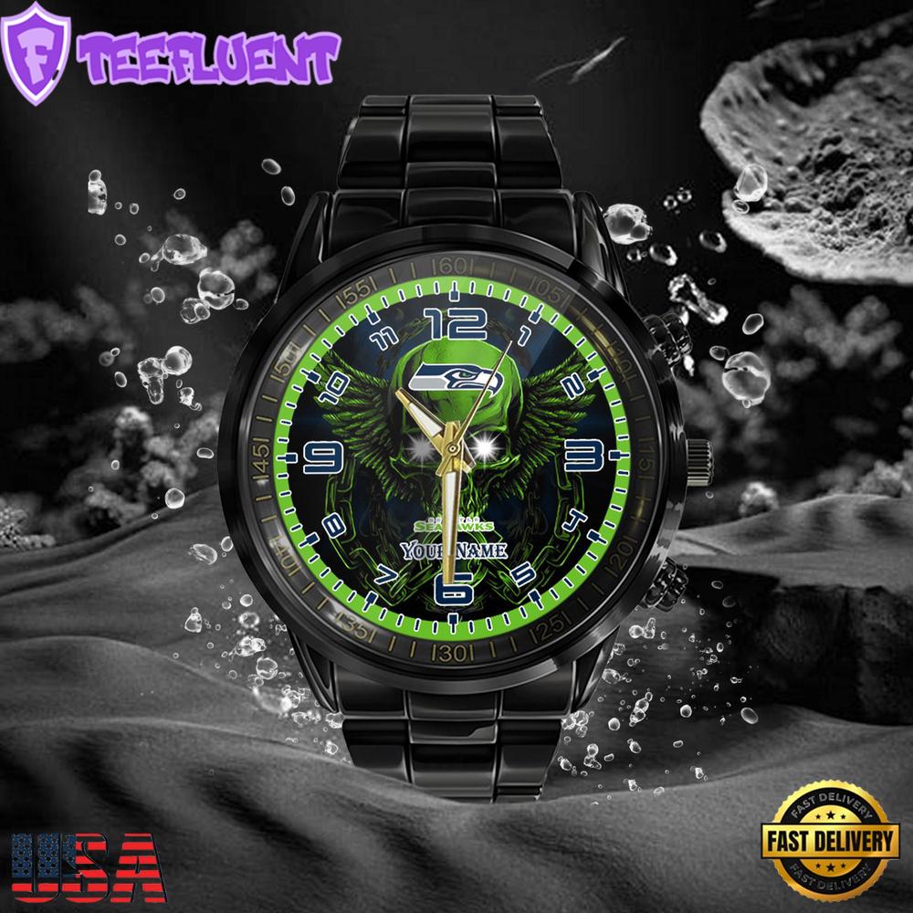 NFL Custom Name Seattle Seahawks 3D Men Black Stainless Steel Watch NFL Custom Name Seattle Seahawks 3D Men Black Stainless Steel Watch