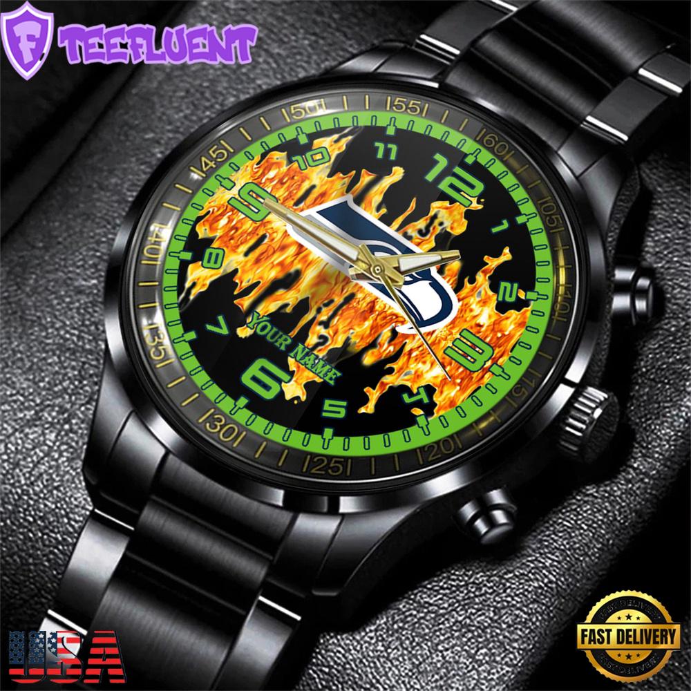 Custom Name Seattle Seahawks NFL 3D Men Black Stainless Steel Watch Gift For Fans