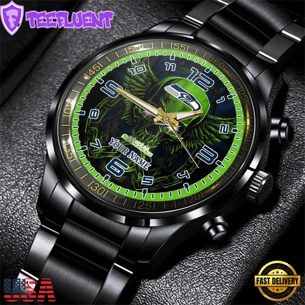 Custom Name Seattle Seahawks NFL 3D Men Black Stainless Steel Watch Gift For Fans