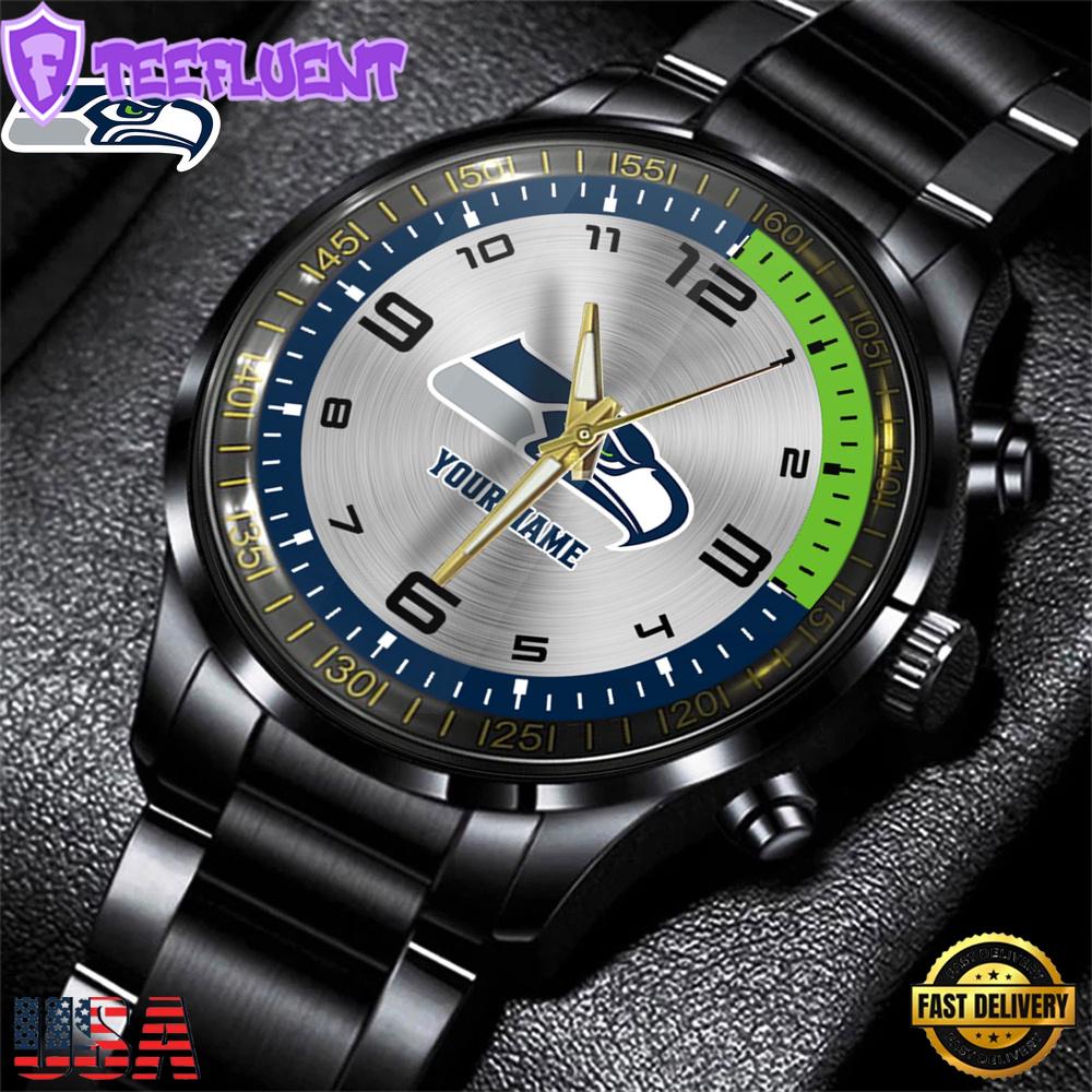 Custom Name Seattle Seahawks NFL Black Stainless Steel Watch Gifts For Fans