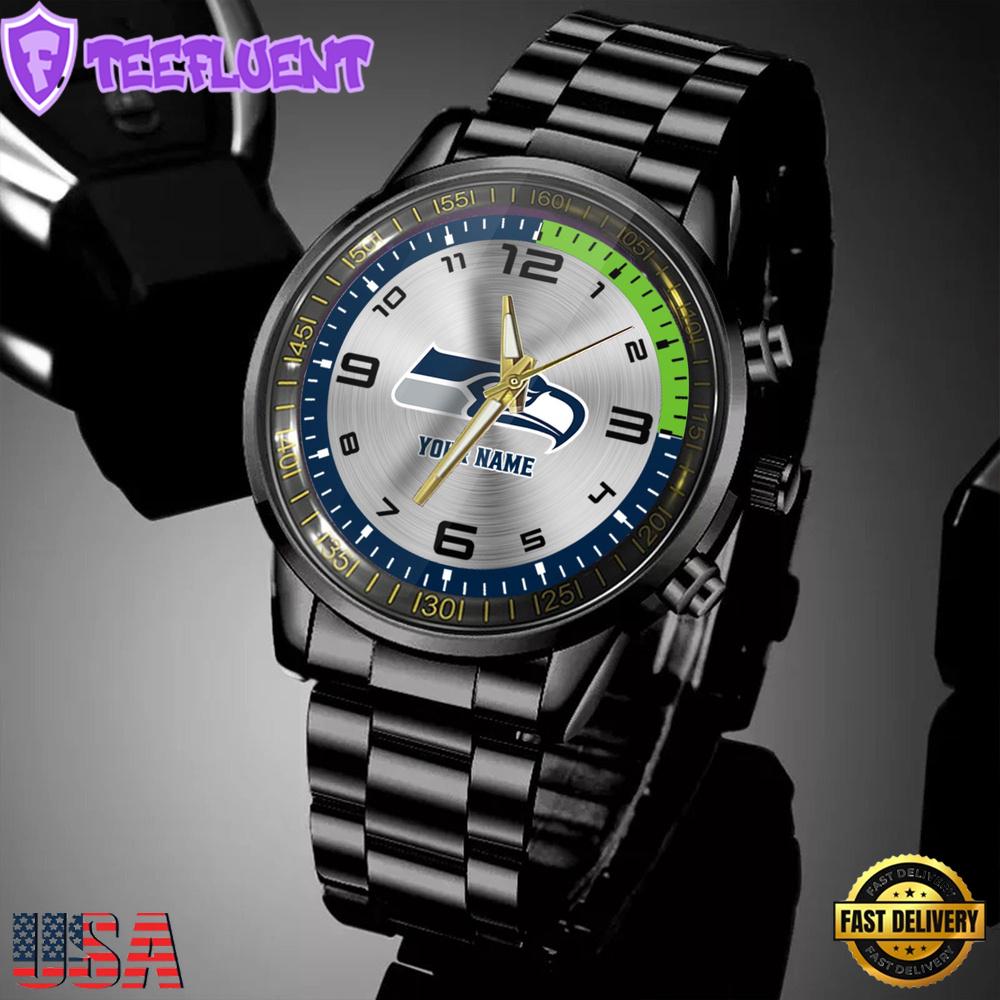 Custom Name Seattle Seahawks NFL Black Stainless Steel Watch Gifts For Fans