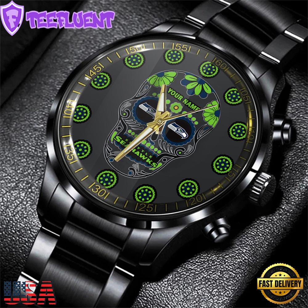 Custom Name Seattle Seahawks NFL Men Black Stainless Steel Watch Gift For Fans