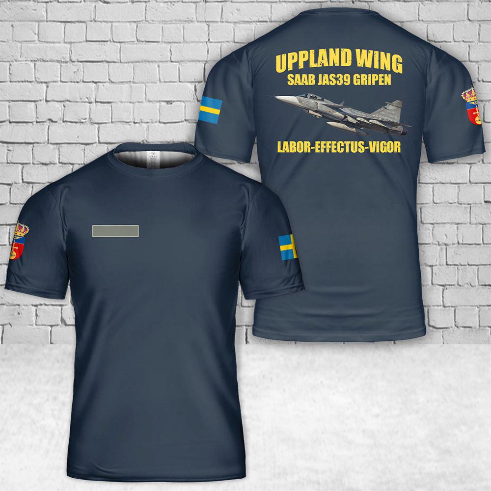 Custom Name Swedish Air Force Uppland Wing Saab JAS39 Gripen T-Shirt 3D