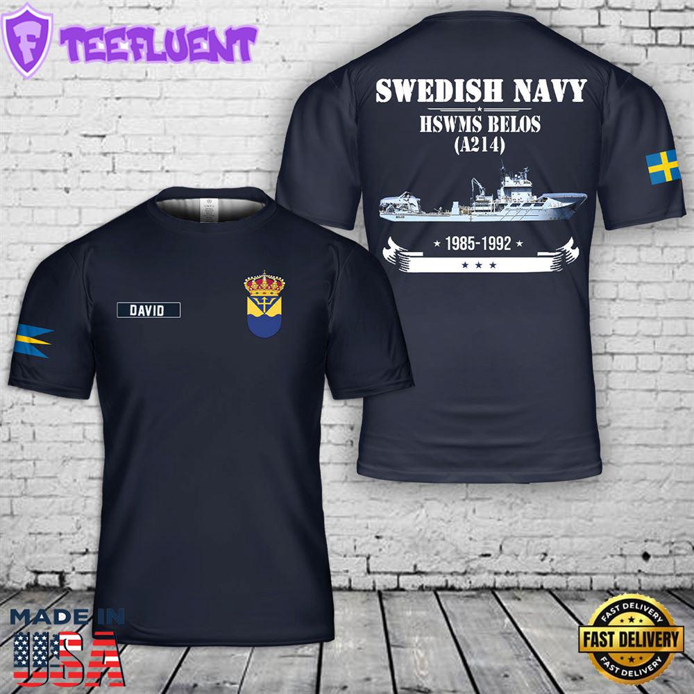 Custom Name Swedish Navy HSwMS Belos (A214) 3D T-shirt