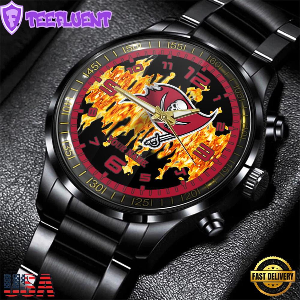 Custom Name Tampa Bay Buccaneers NFL 3D Men Black Stainless Steel Watch Gift For Fans