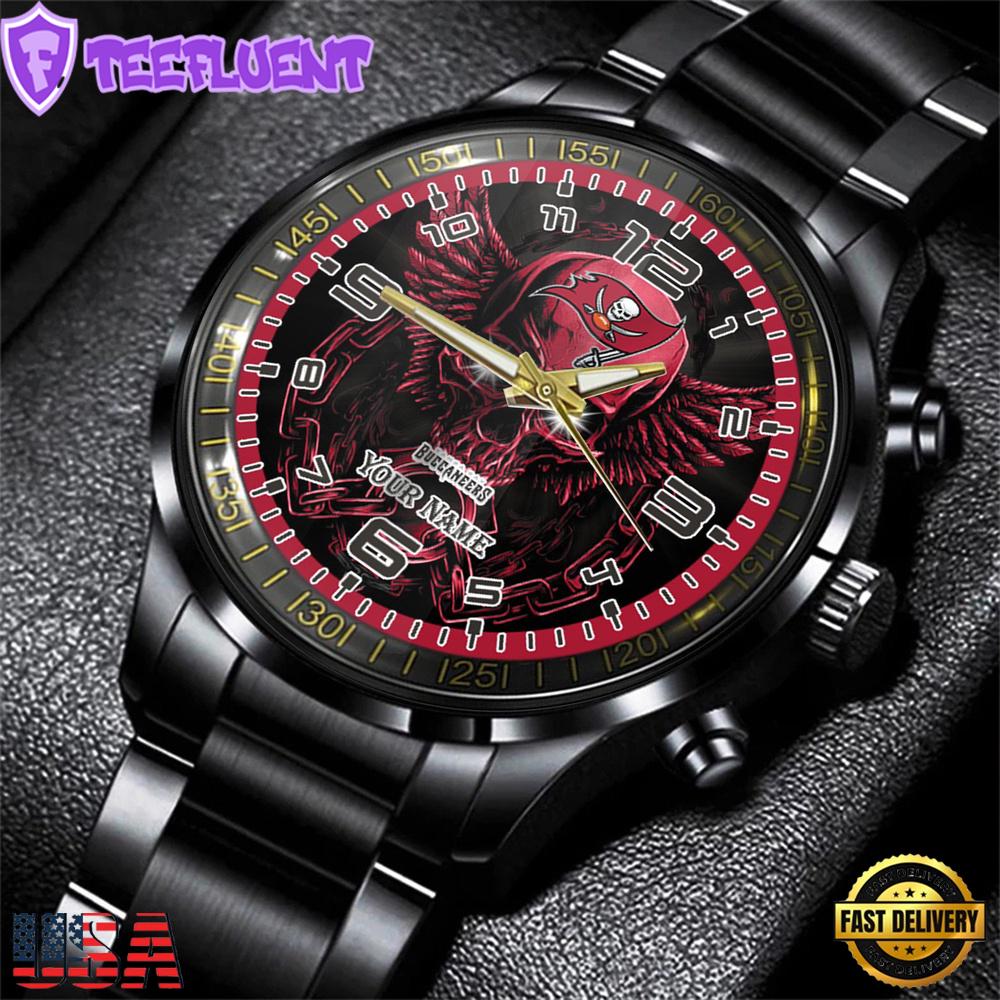 Custom Name Tampa Bay Buccaneers NFL 3D Men Black Stainless Steel Watch Gift For Fans