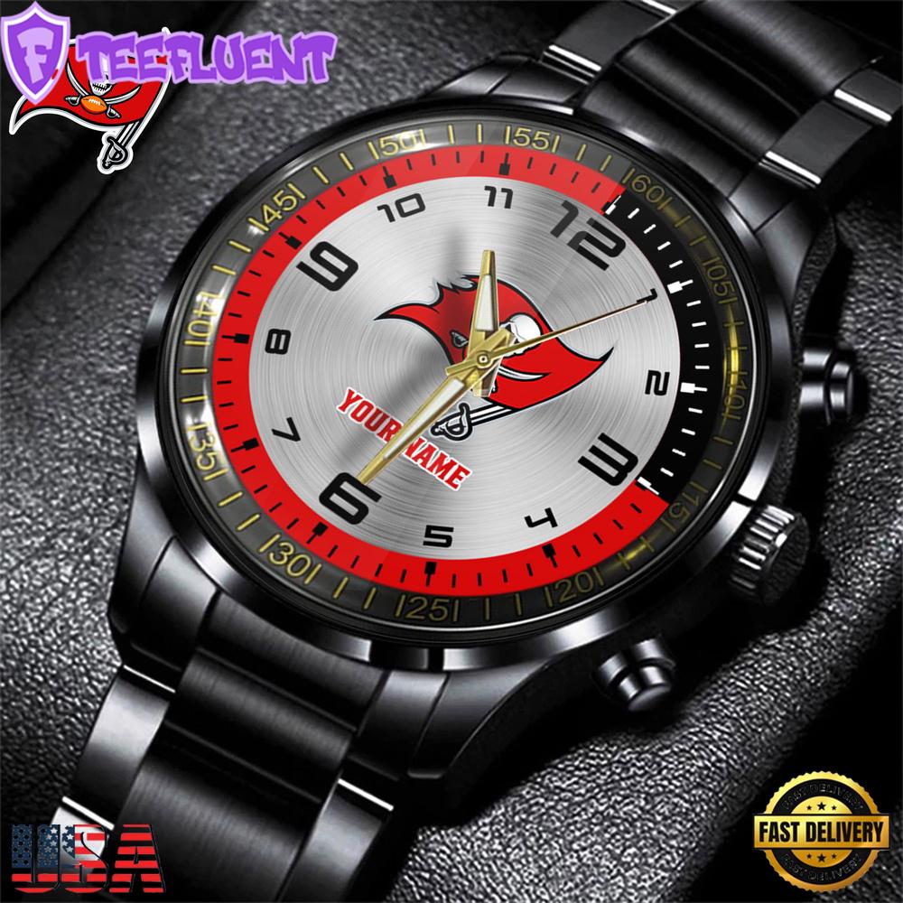 Custom Name Tampa Bay Buccaneers NFL Black Stainless Steel Watch Gifts For Fans