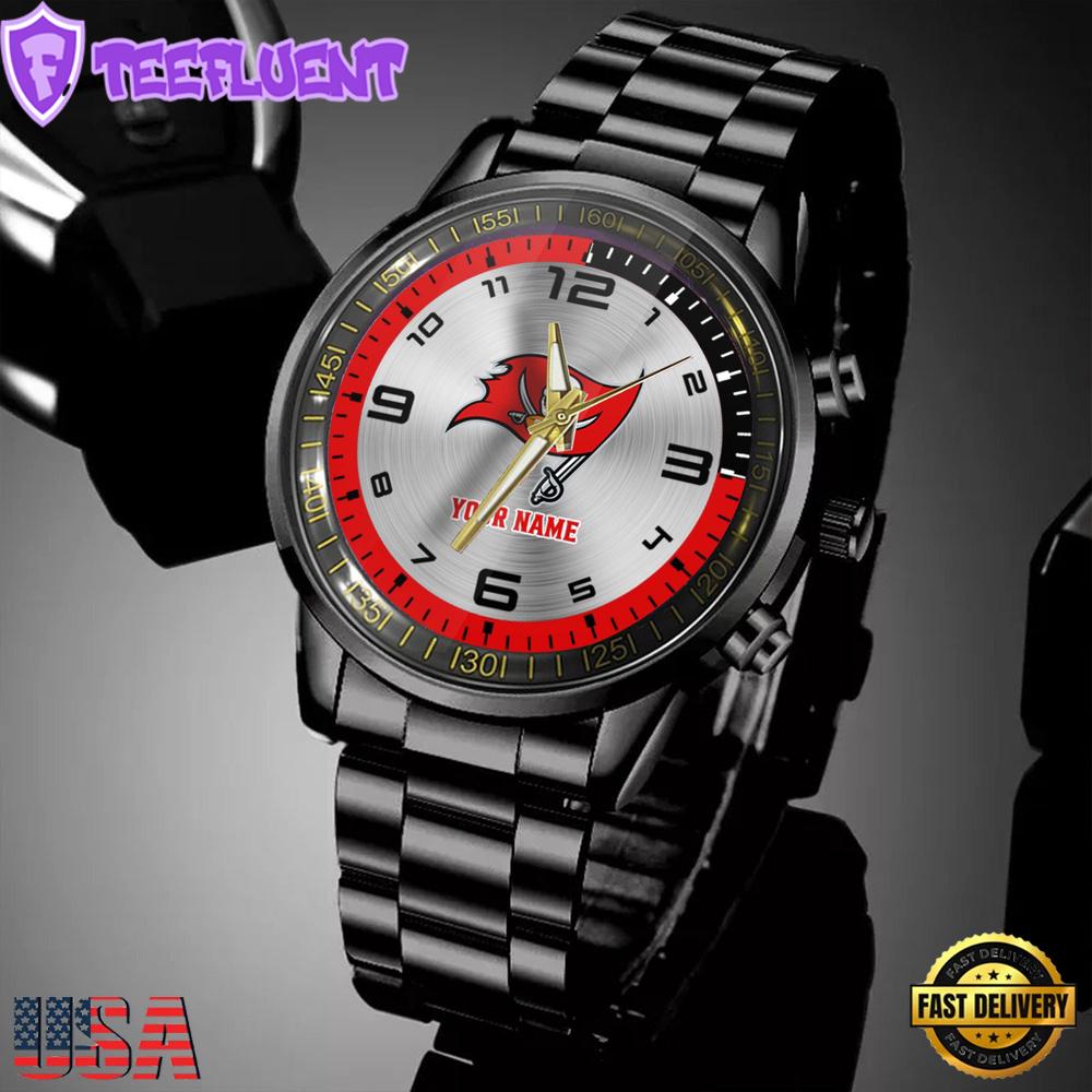 Custom Name Tampa Bay Buccaneers NFL Black Stainless Steel Watch Gifts For Fans
