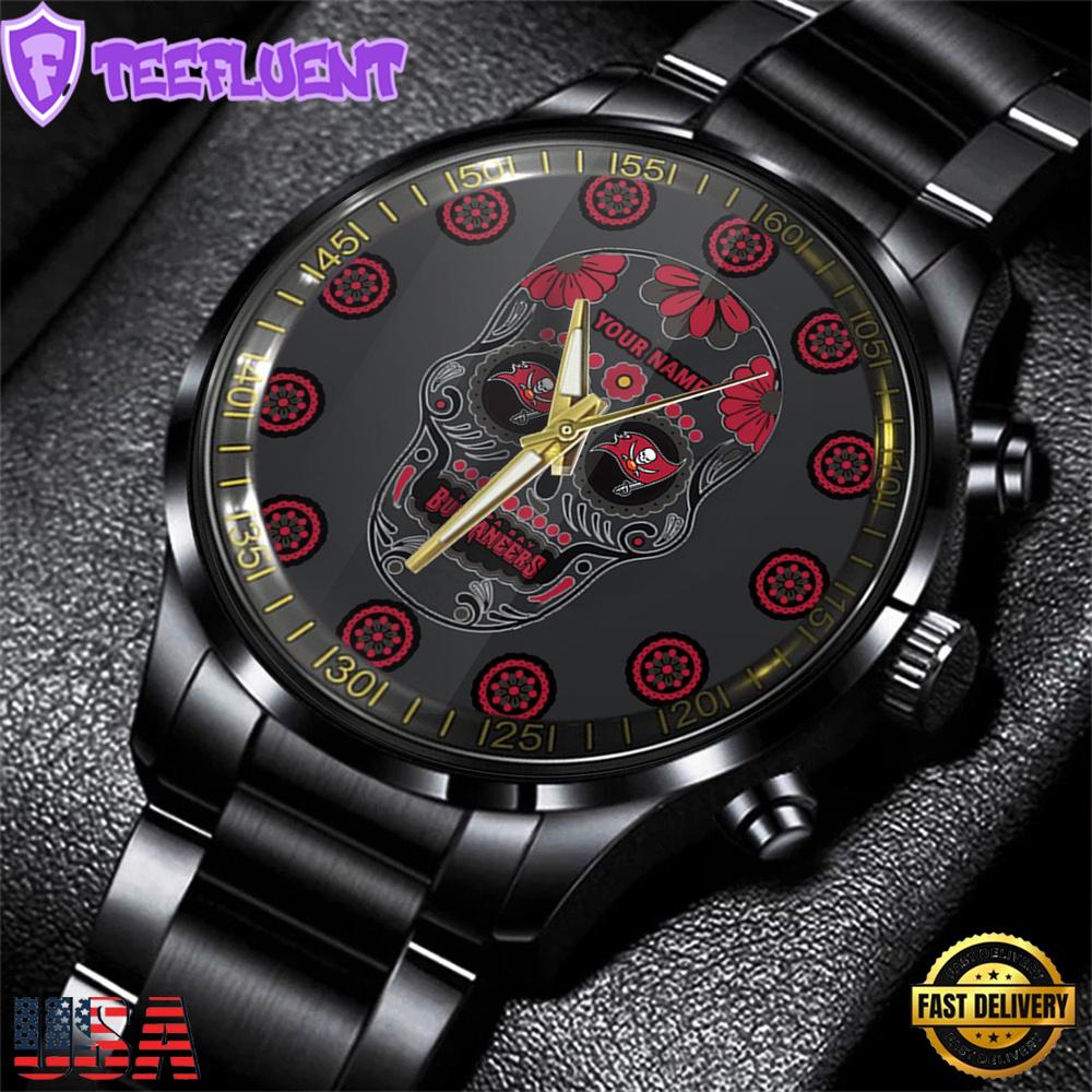 Custom Name Tampa Bay Buccaneers NFL Men Black Stainless Steel Watch Gift For Fans