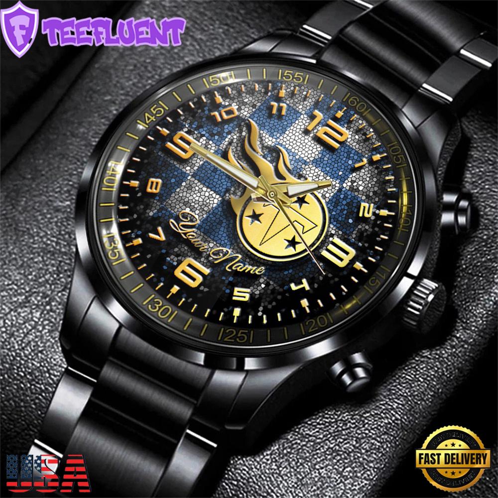 Custom Name Tennessee Titans NFL 3D Men Black Stainless Steel Watch Gift For Fans