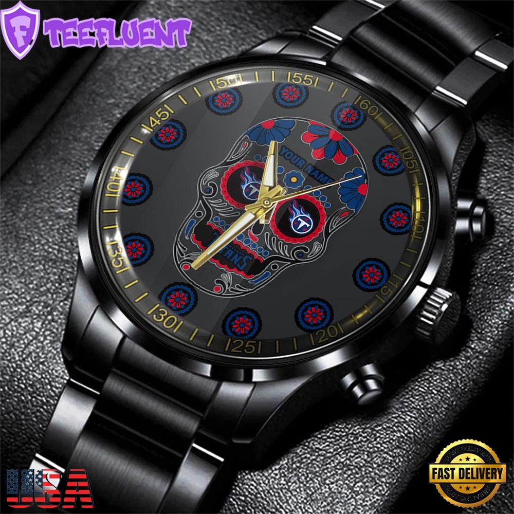 Custom Name Tennessee Titans NFL Men Black Stainless Steel Watch Gift For Fans