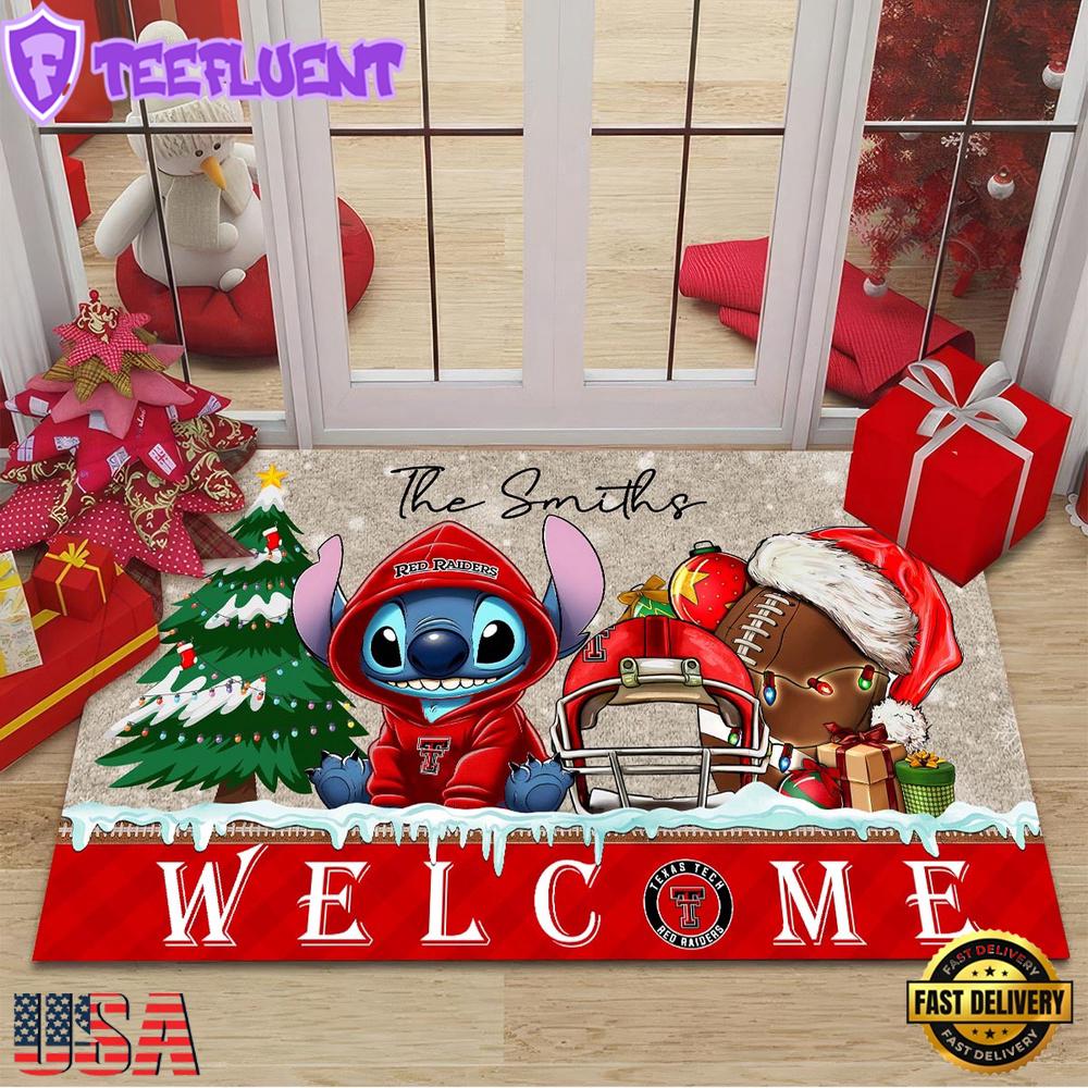 Custom Name Texas Tech Red Raiders Cute Stitch Welcome Christmas Doormat