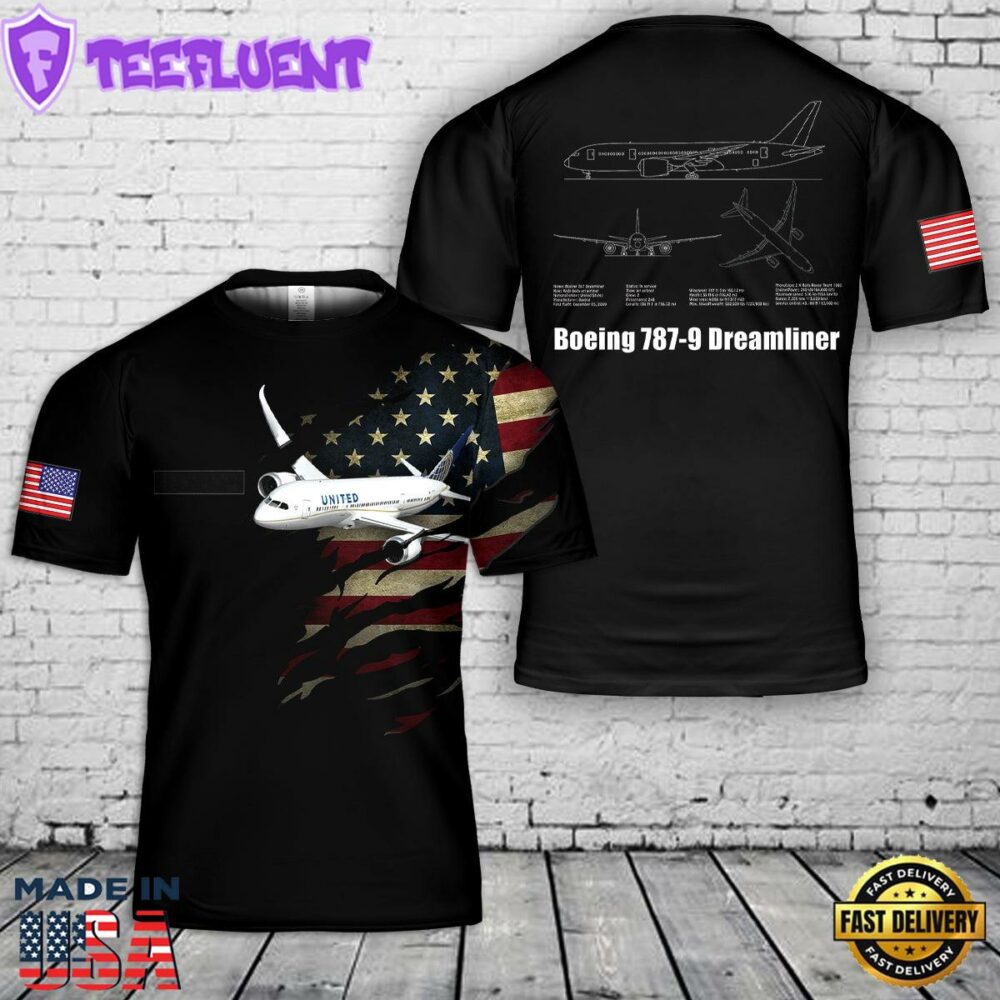 Custom Name United Airlines Boeing 787-9 Dreamliner T-Shirt 3D