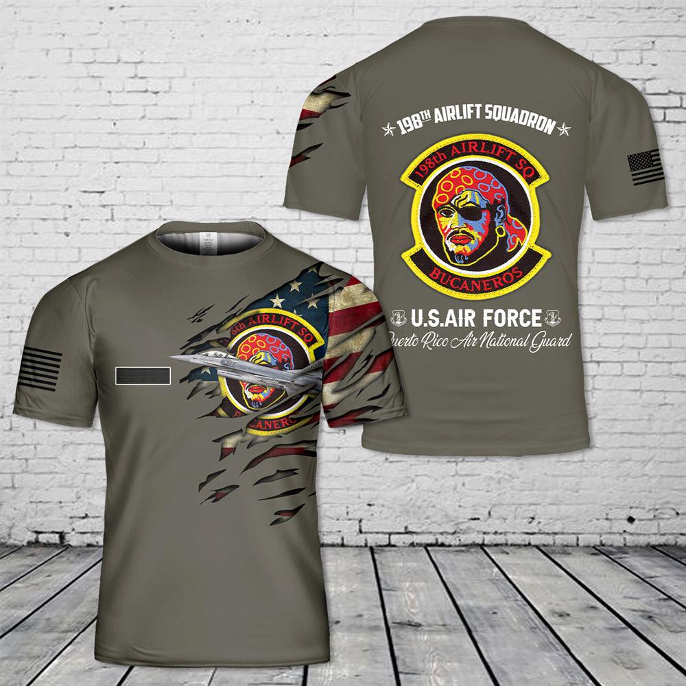 Custom Name US Air Force Puerto Rico Air National Guard 198th Airlift Squadron Bucaneros Block 15 F-16A ADF Fighting Falcon T-Shirt 3D