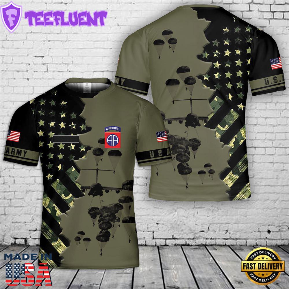 Custom Name US Army Paratroopers With The 82nd Airborne Division Parachute 3D T-Shirt