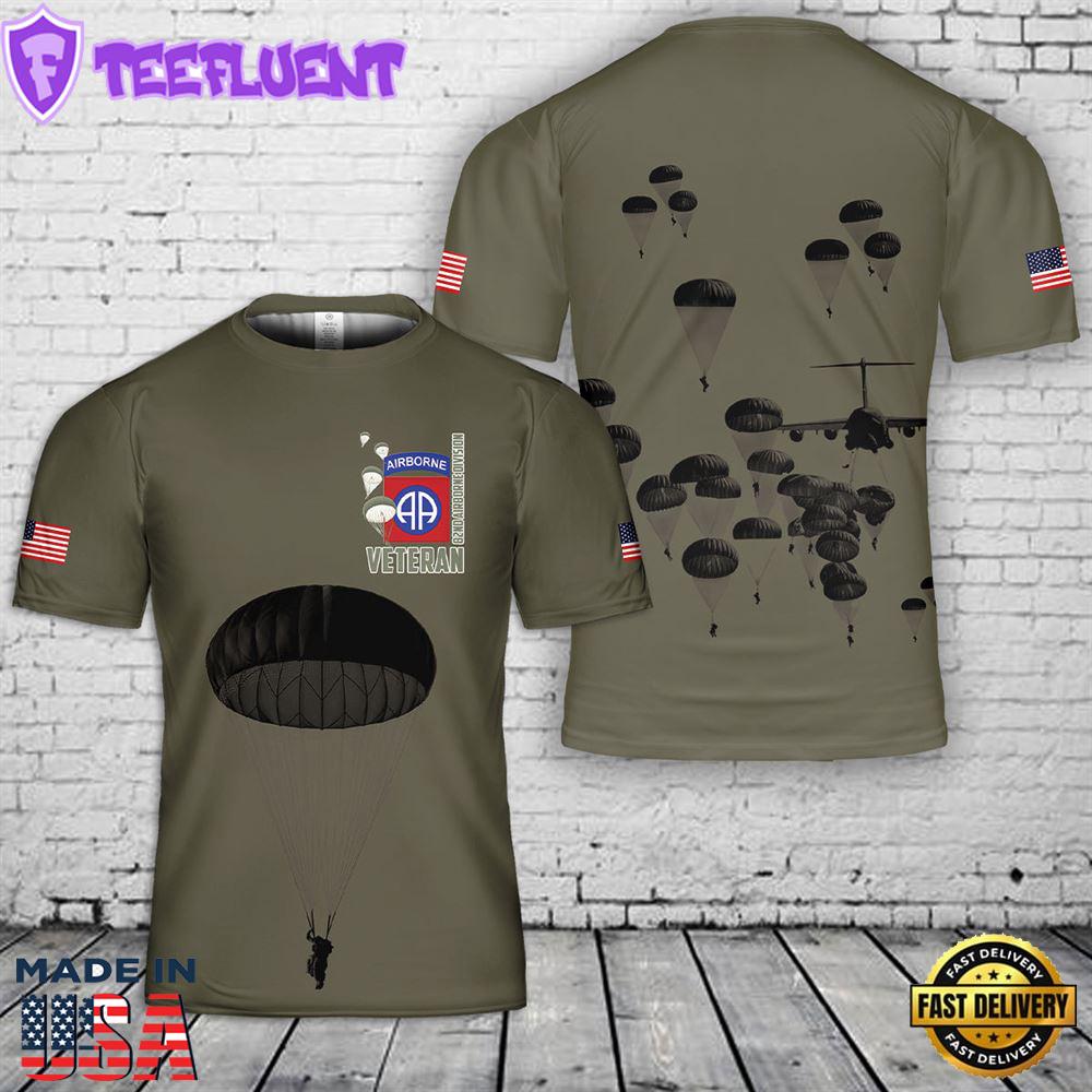 Custom Name US Army Paratroopers With The 82nd Airborne Division Parachute Veteran T-Shirt 3D 1