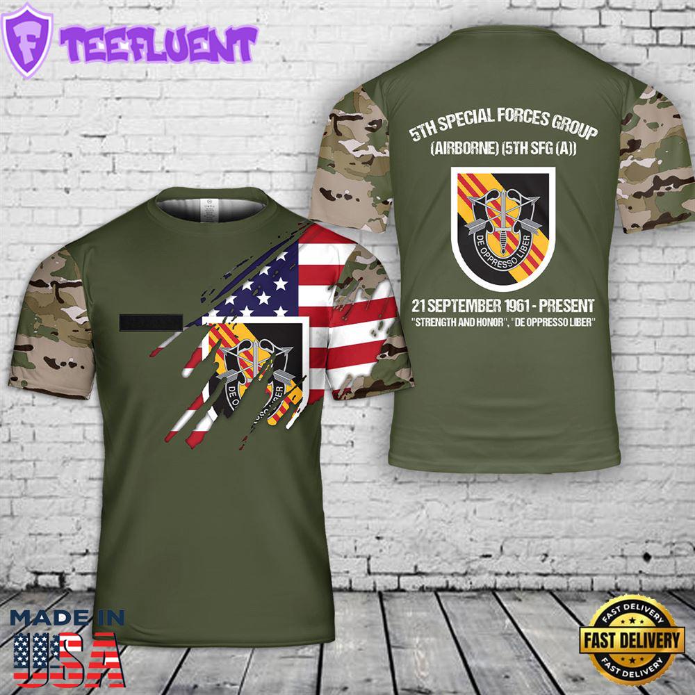 Custom Name US Army Special Forces 5th Special Forces Group (Airborne) (5th SFG (A)) T-Shirt 3D 1