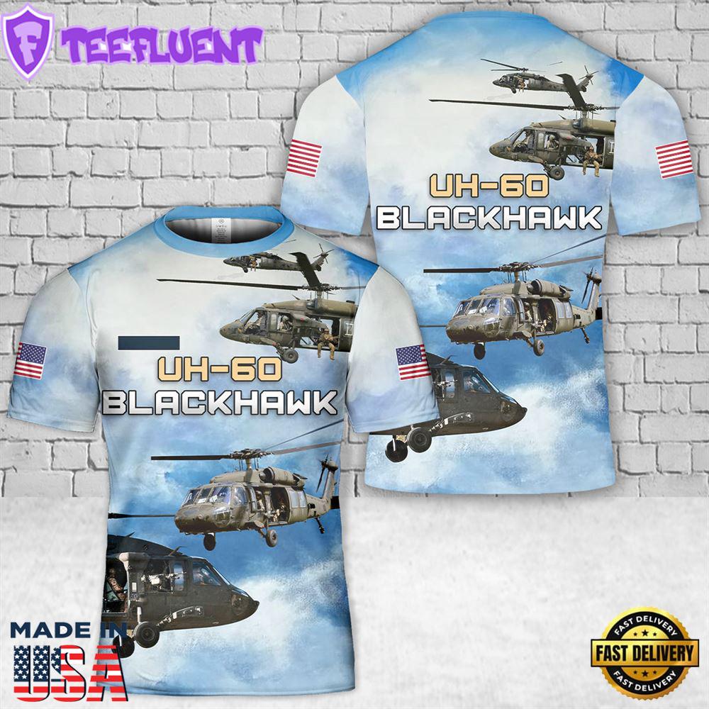 Custom Name US Army UH-60 Blackhawk Helicopter T-Shirt 3D