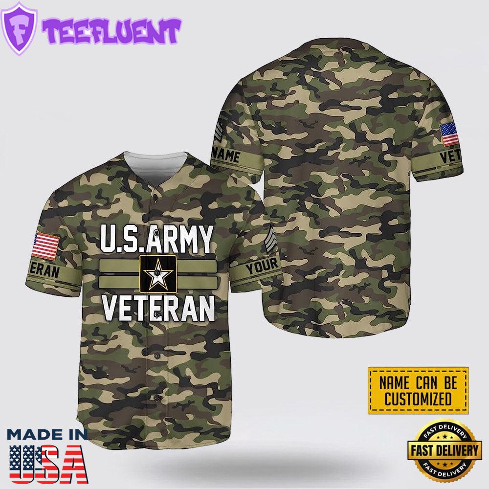 Custom Name US Army Veteran Rank American Flag Camouflage Pattern Baseball Jersey