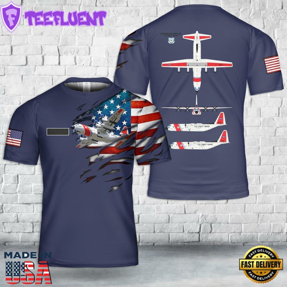 Custom Name US Coast Guard Lockheed C-130 Hercules T-Shirt 3D