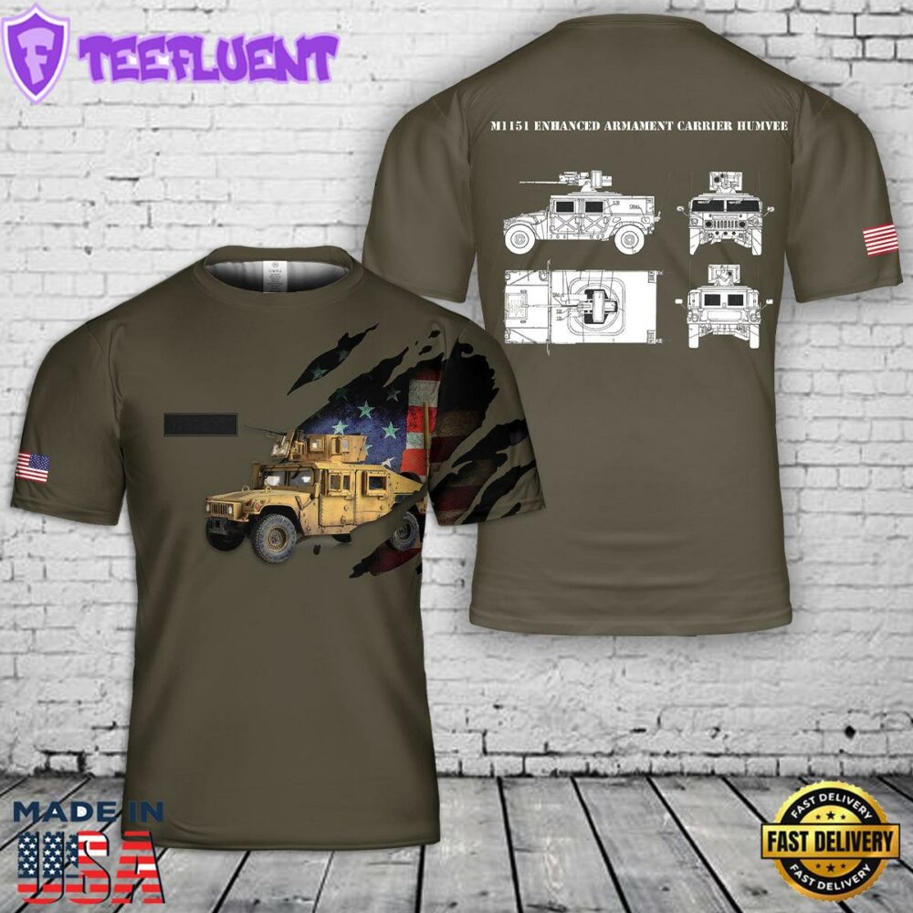 Custom Name US M1151 Enhanced Armament Carrier Humvee With 50 Cal On Top T-Shirt 3D