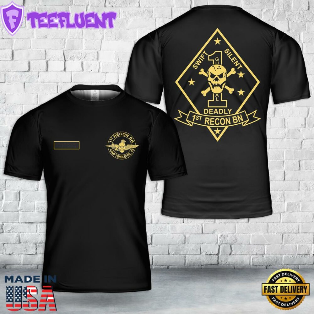 Custom Name US Marine Corps 1st Recon Battalion Camp Pendleton T-Shirt 3D