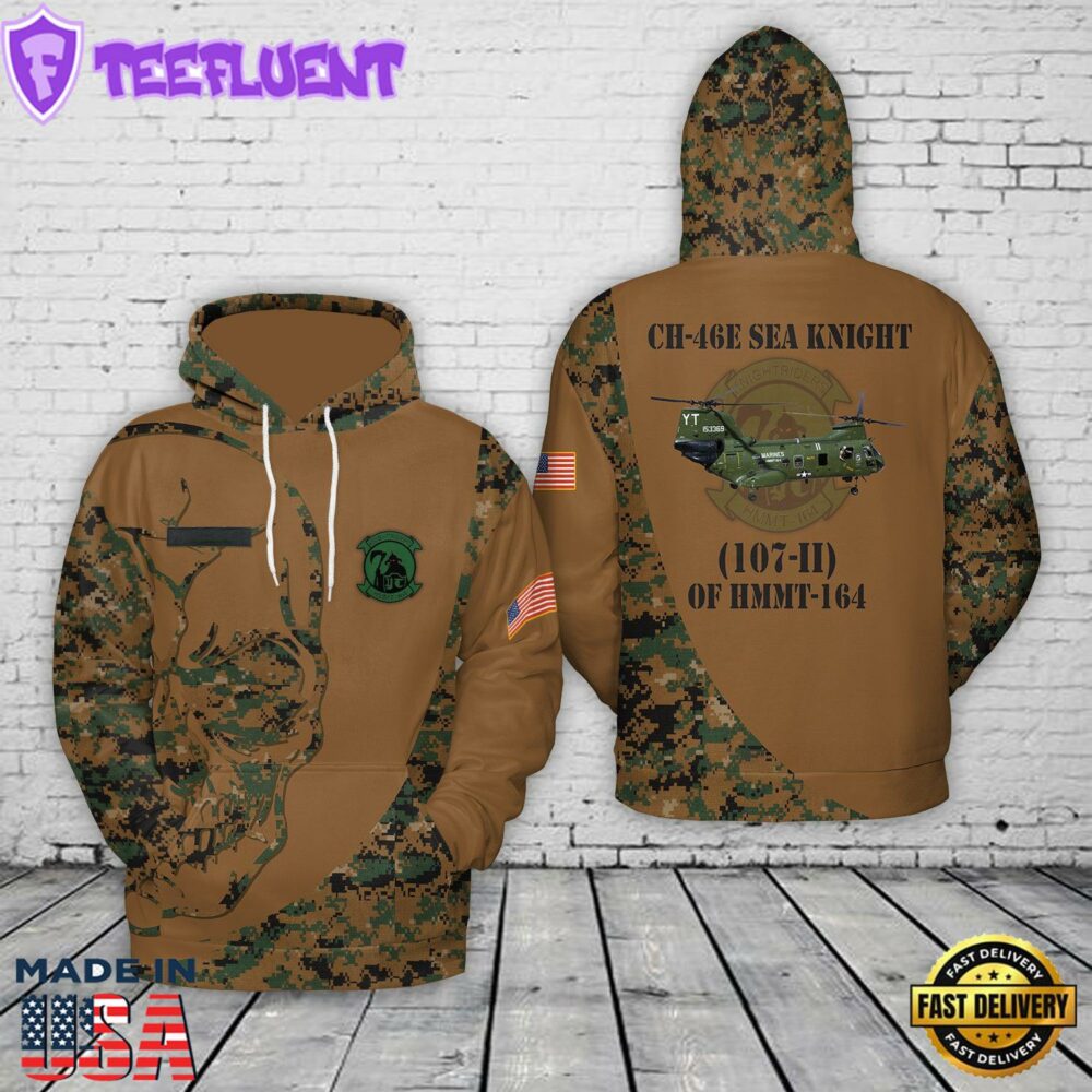 Custom Name US Marine Corps Boeing Vertol CH-46E Sea Knight (107-II) of HMMT-164 Hoodie 3D