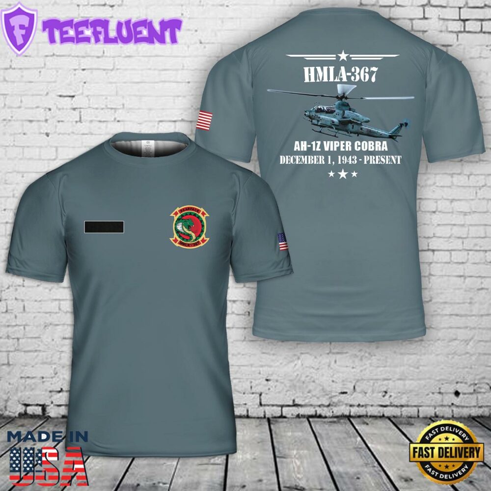 Custom Name US Marine Corps Marine Light Attack Helicopter Squadron 367 (HMLA-367) AH-1Z Viper Cobra T-Shirt 3D