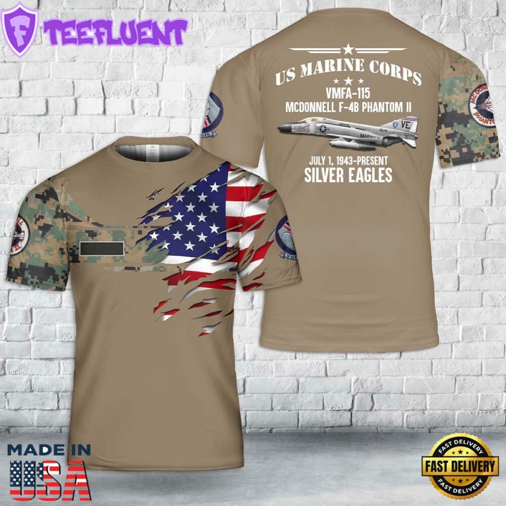 Custom Name US Marine Corps McDonnell F-4B Phantom II Of VMFA-115 T-Shirt 3D