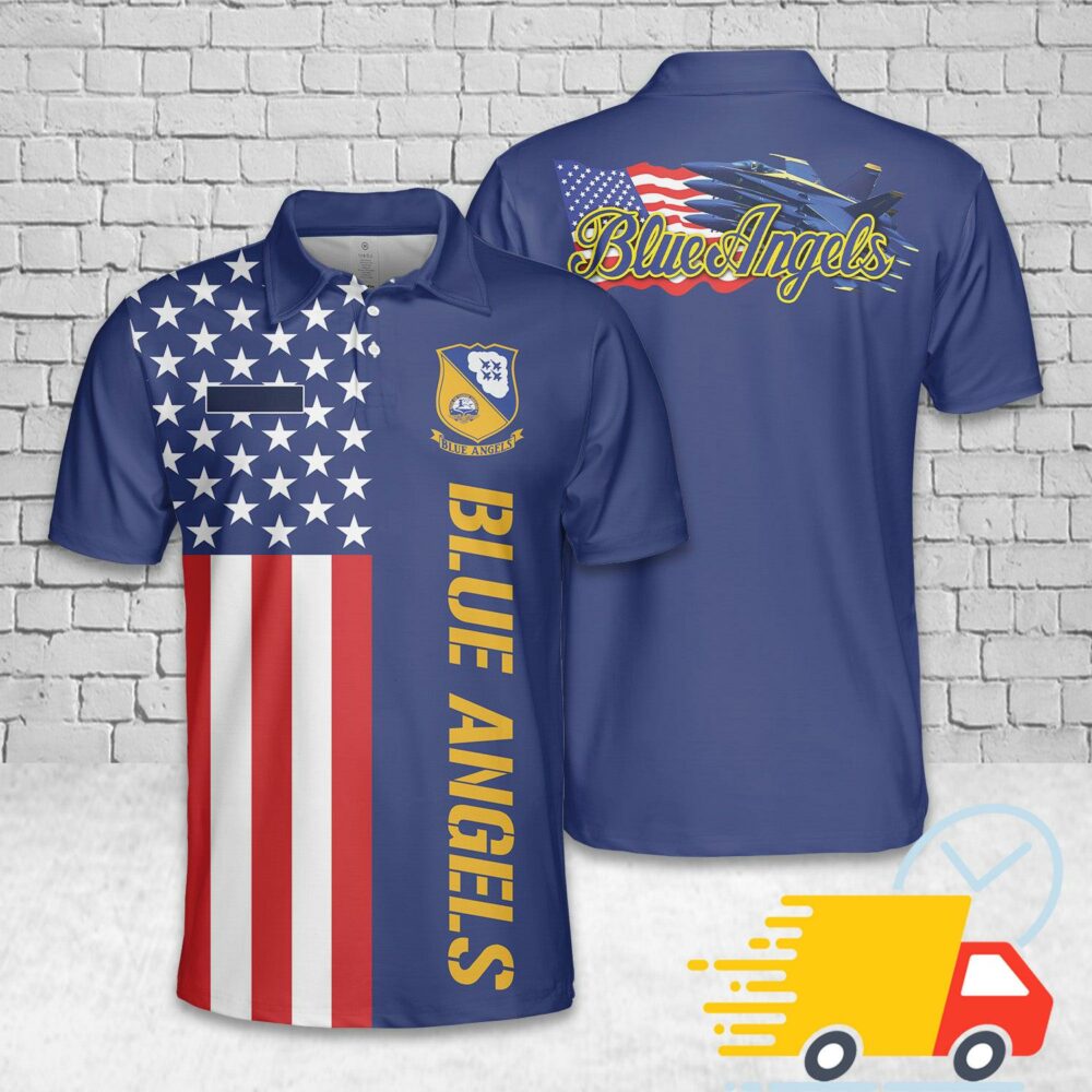 Custom Name US Navy Blue Angels, 4th Of July Polo Shirt