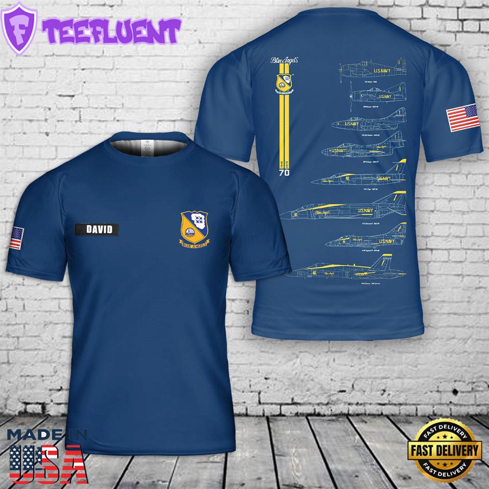 Custom Name US Navy Blue Angels Chronology 70th Blue Print 3D T-Shirt