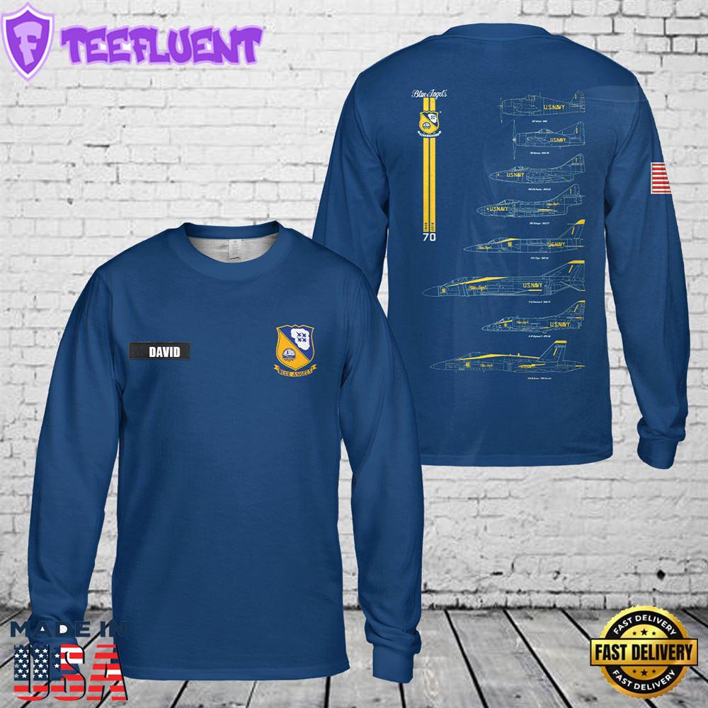 Custom Name US Navy Blue Angels Chronology 70th Blue Print AOP Long Sleeve Shirt