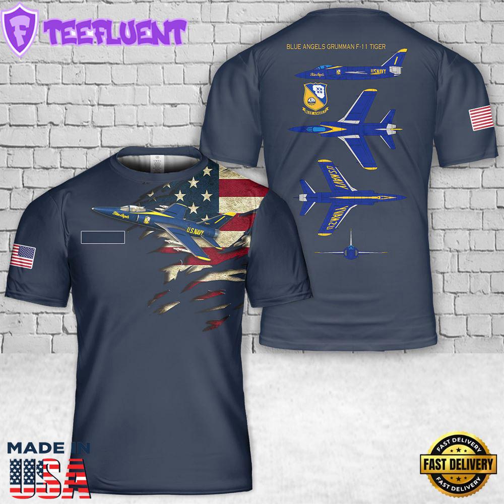 Custom Name US Navy Blue Angels Grumman F-11 Tiger T-Shirt 3D