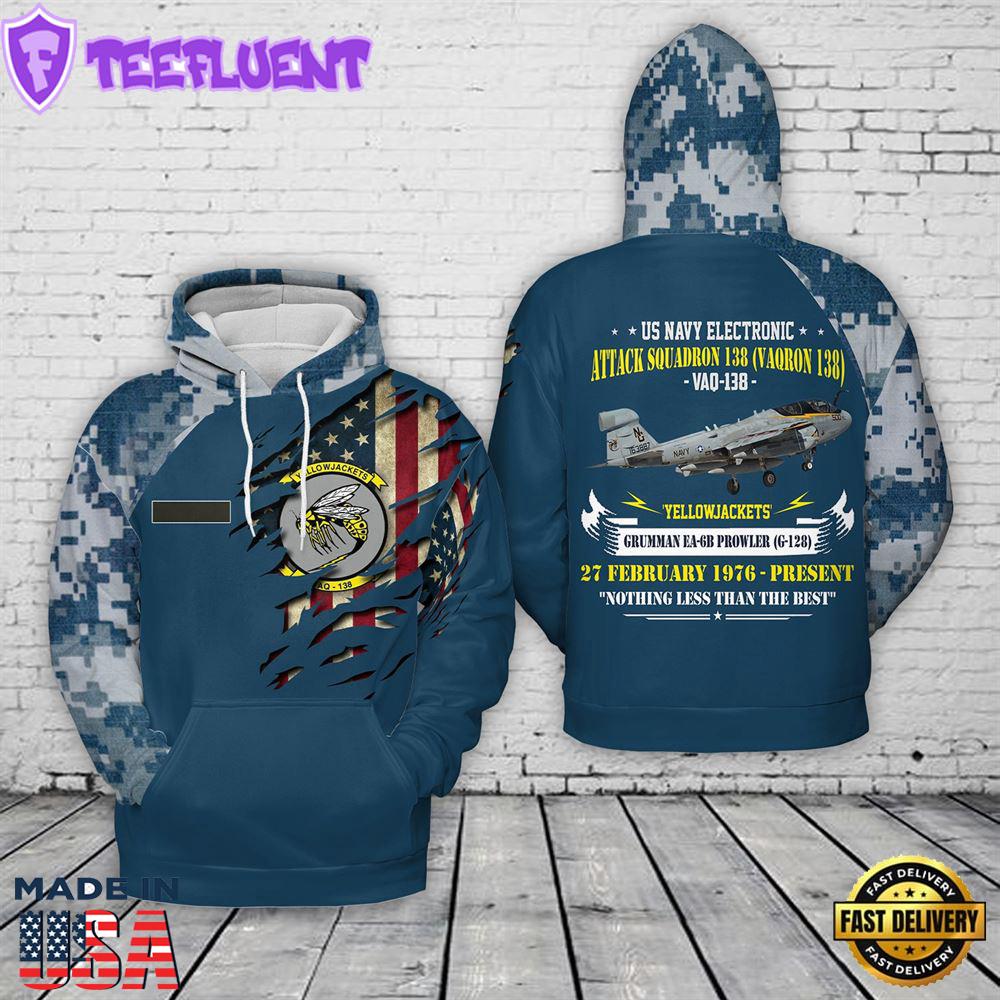 Custom Name US Navy Electronic Attack Squadron 138 (VAQRON 138) VAQ-138 'Yellowjackets' Grumman EA-6B Prowler (G-128) 3D Hoodie